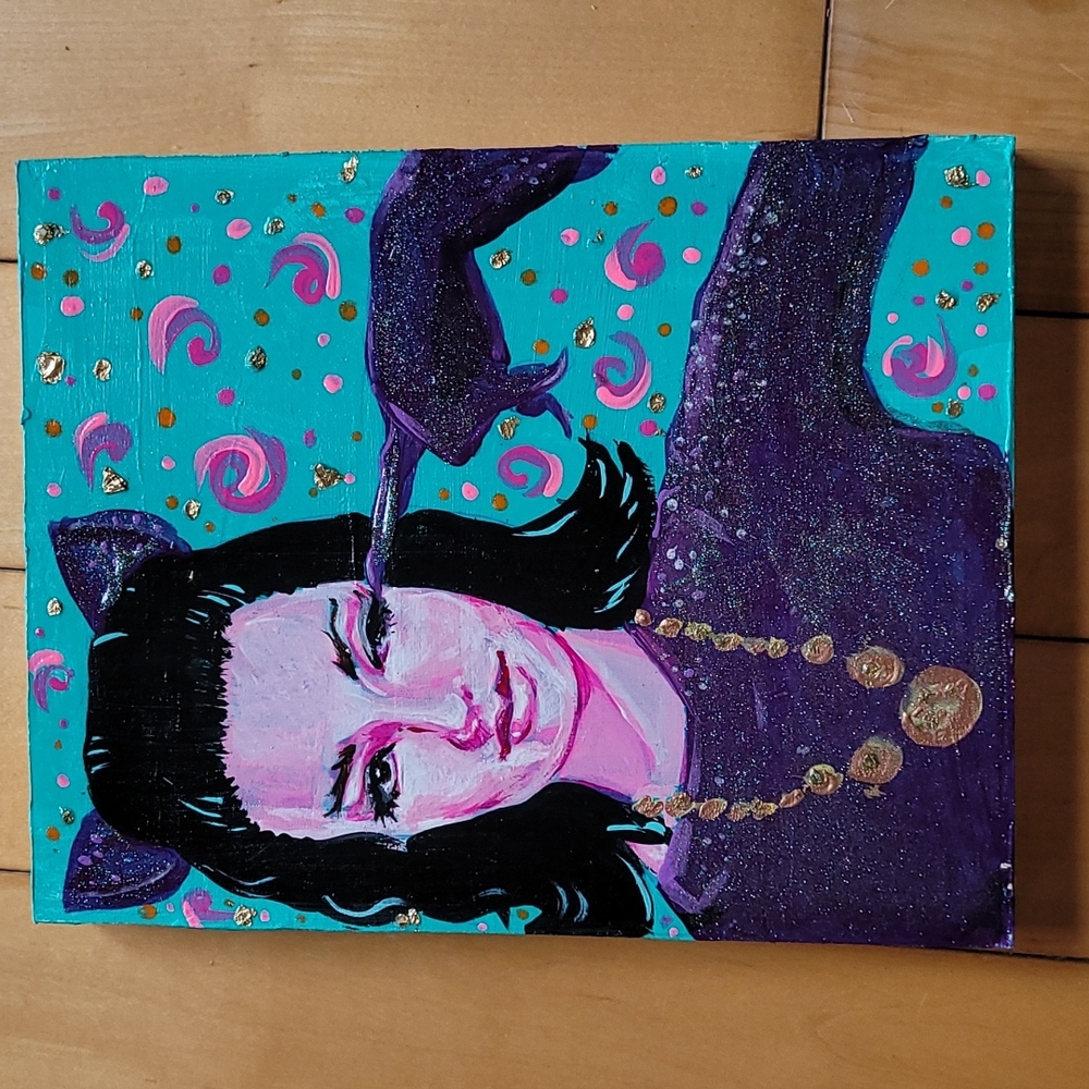 Original Painting  Cat Woman Julie Newmar MCM style kitsch glitter